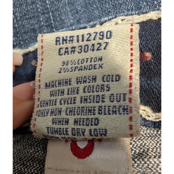 True Religion Big T Low Rise Bootcut Jeans 26‎ Made USA Blue Contrast Stitch - Picture 7 of 8